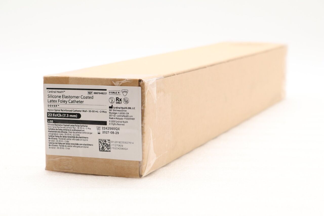 Silicone Elastomer Coated Foley Catheter, Nylon Spiral Reinforced Wall, 2-Way, 22FR, 30-50cc, Latex, 10/ctn (Continental US Only) (Manufacturer Backorder - Inventory Limited when Available)