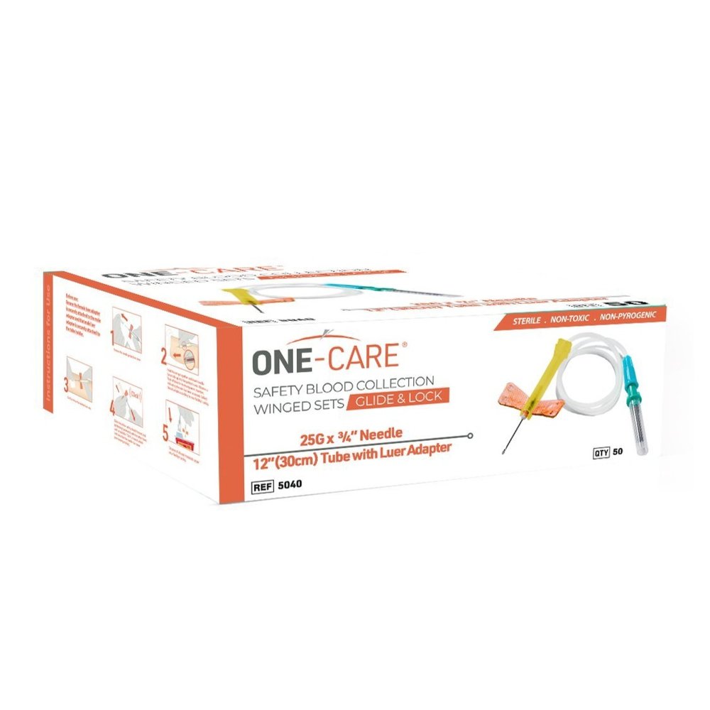 GLIDE & LOCK Safety Blood Collection Wing Sets, 25G x 3/4", Orange, Luer Adapter, 12'' Tube, 50/bx