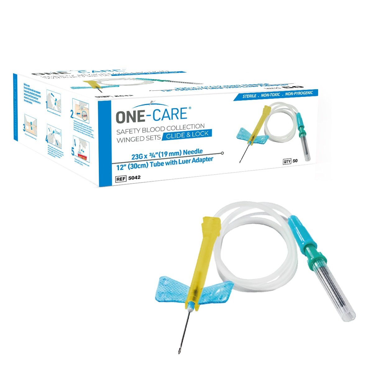GLIDE & LOCK Safety Blood Collection Wing Sets, 23G x _, Blue, 12" Tube, Pre-Attached Holder, 25/bx