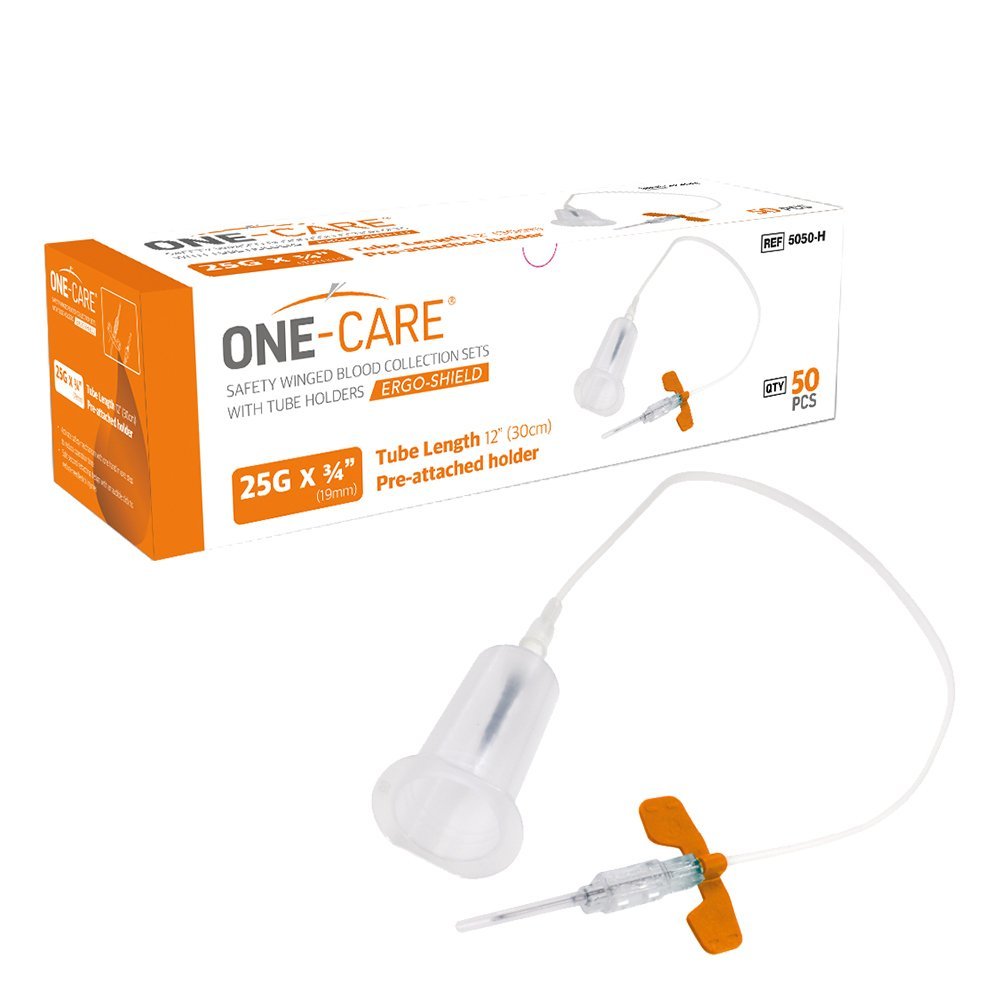 ERGO-SHIELD Safety Blood Collection Winged Sets, 25G x _, Orange, Pre-attached Holder, 12" Tube, 50/bx