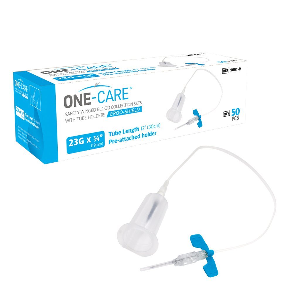 ERGO-SHIELD Safety Blood Collection Winged Sets, 23G x _, Blue, Pre-attached Holder, 12" Tube, 50/bx