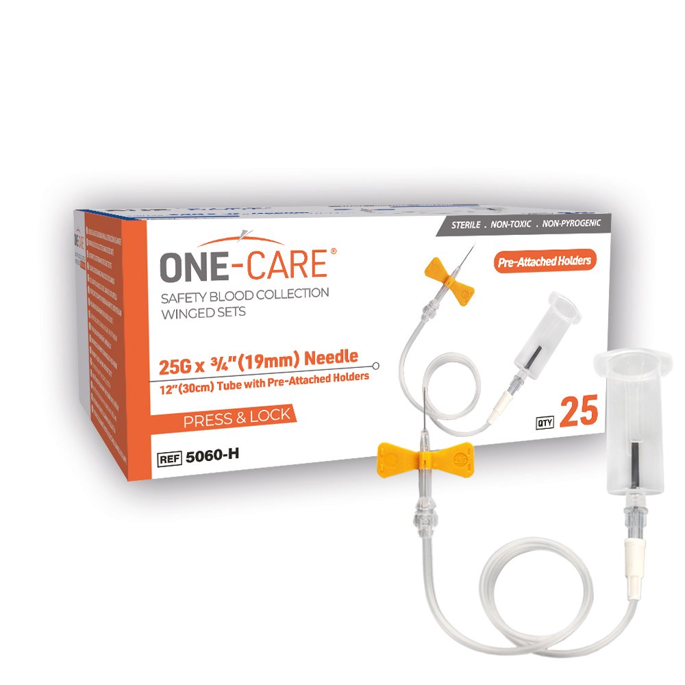 PRESS & LOCK Safety Blood Collection Wing Sets, 25G x _, Orange, 12" Tube, Pre-Attached Holder, 25/bx