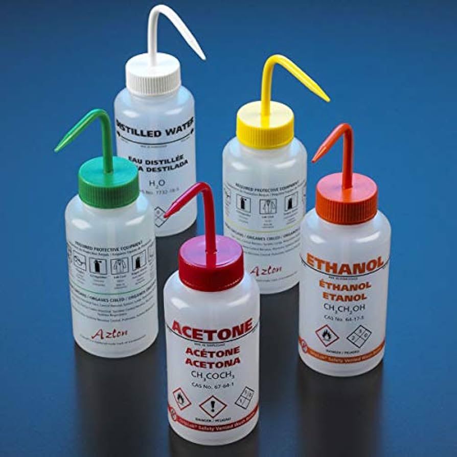Wash Bottle, Pre-Printed (Distilled Water), Safety-Vented, 500 mL, White Cap, 5/bx