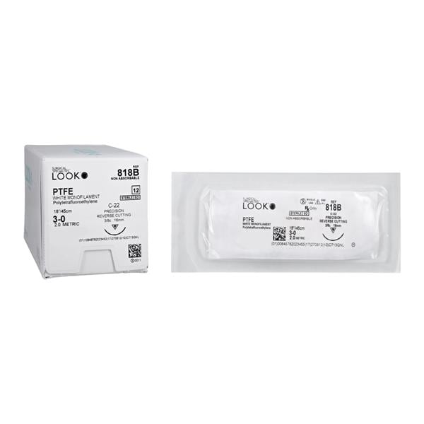 3/0 PTFE Suture, White, 18", C-22, 16mm 3/8 Circle, Reverse Cutting, 12/bx