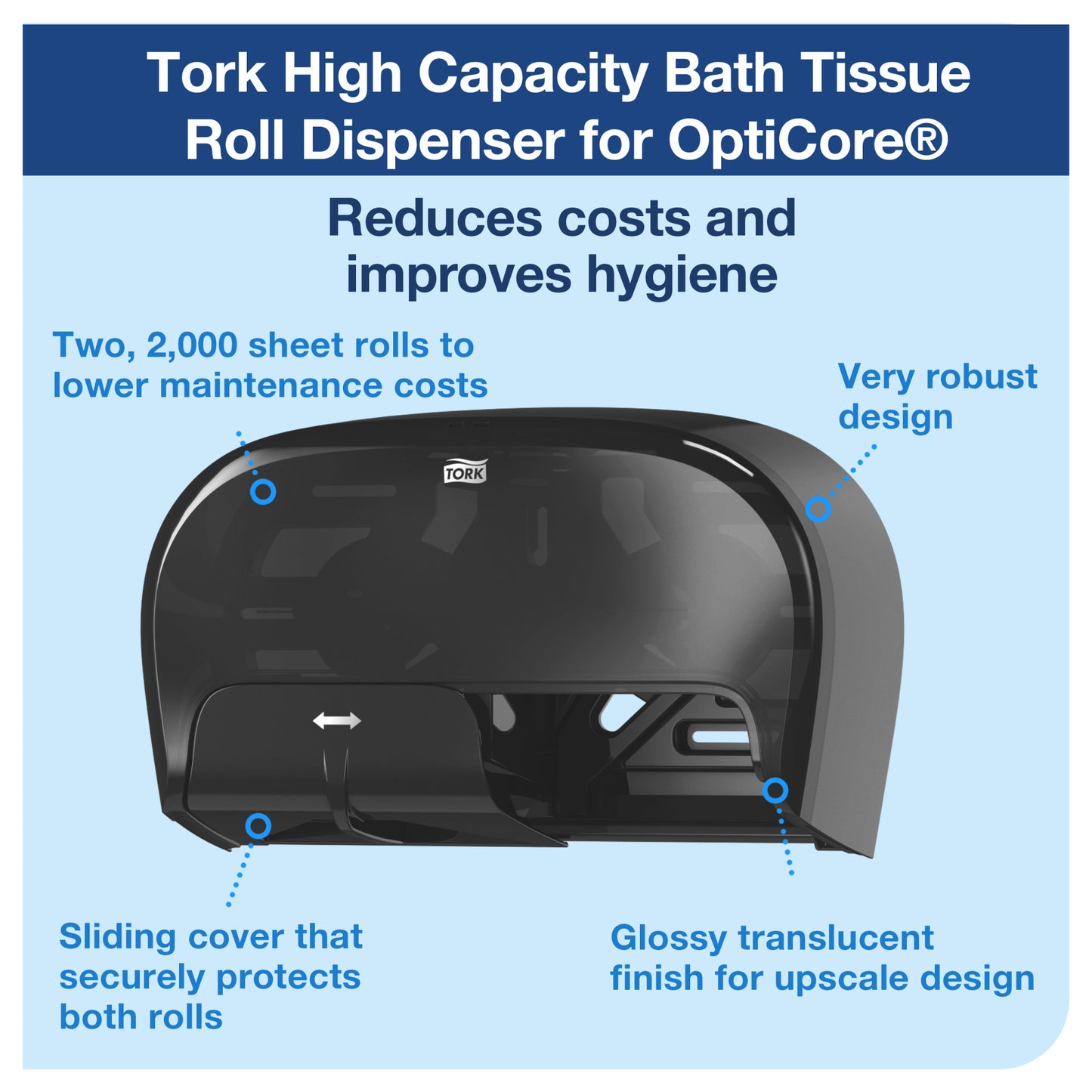 Bath Tissue Roll Dispenser, High Capacity, Twin, Universal, Black, T10, Plastic, 16.6" (W) x 5.3" (L) x 9.9" (H) (64 cs/plt) (To Be DISCONTINUED)