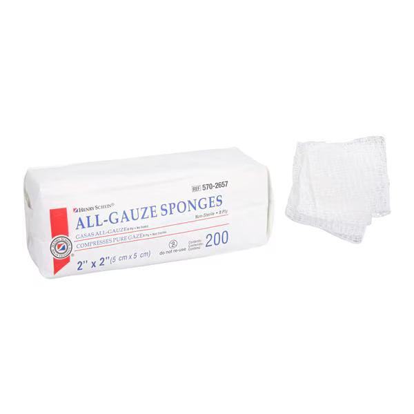 100% Cotton All-Gauze Sponge 2x2" 8 Ply Non-Sterile Square LF, 25 PK/CA(5702657)