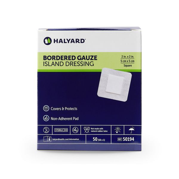 Island Dressing, Bordered Gauze, Adhesive, Sterile, White, 2" x 2", 50/dsp, 8 dsp/cs