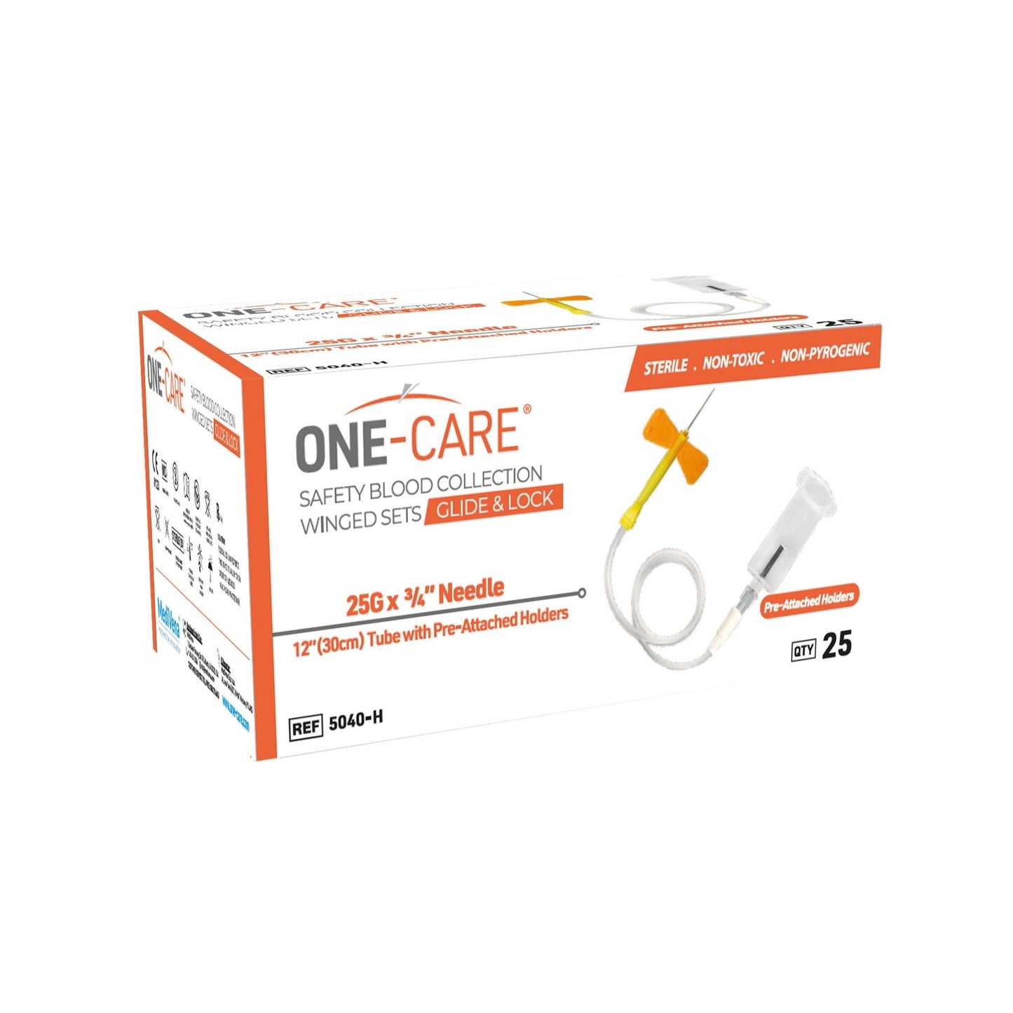 GLIDE & LOCK Safety Blood Collection Wing Sets, 25G x _, Orange, 12" Tube, Pre-Attached Holder, 25/bx