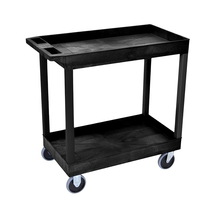 Tub Cart, Two Shelves (2.5" Deep each), Black, 32"W x 18"D, with (4) 5" Heavy Duty Casters (2 with Locking Brakes), Maximum Weight Capacity 500lbs (DROP SHIP ONLY)