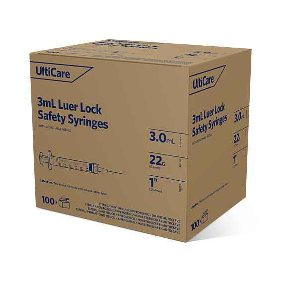 Safety Syringe, Detachable Needle, 3mL, 22G x 1", 100/bx