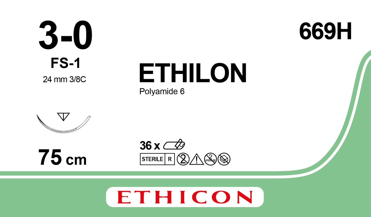 Suture, Reverse Cutting, Size 3-0, 30", Black Monofilament, Needle FS-1, 3/8 Circle, 3 dz/bx (Continental US Only)