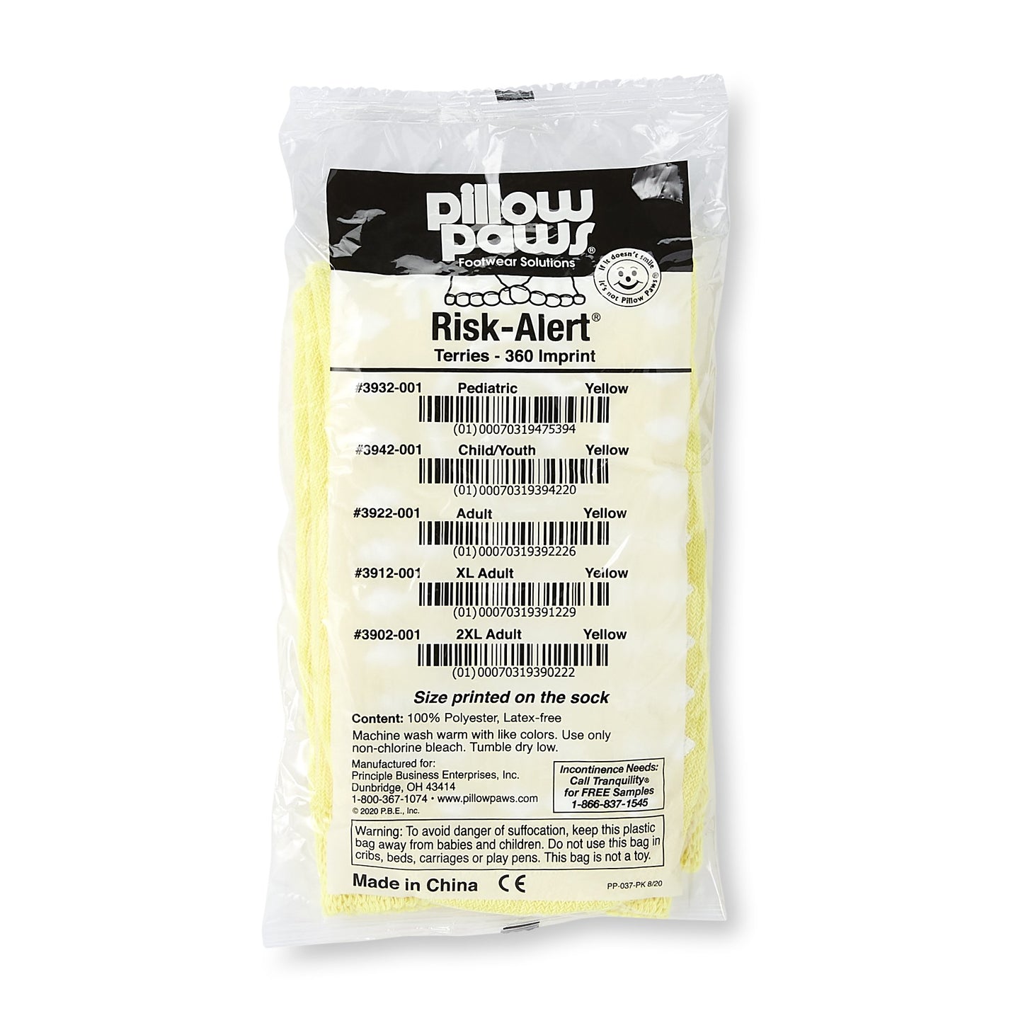 Slipper Socks, Pillow Paws Risk Alert Terries, Terry Knit, Yellow, Ankle High, XL, 48pr/cs