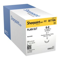 Plain Gut Suture, Reverse Cutting, Size 6-0, 18"/45cm, 11mm, 3/8 Circle, 12/bx