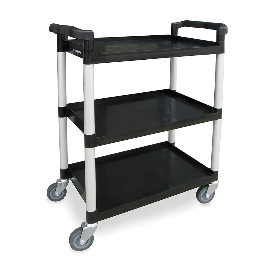 17-1/2"W X 31-3/4"L X 38"H Black Plastic Utility Cart W/Aluminum Legs; 300 Lb. Load Capacity; Three 16"W X 25-1/2"L Shelves W/11-1/2" Shelf Clearance; 4" All Swivel Casters; Stain & Odor-Resistant Material; Assembles Easily Without Hardware (DROP SHIP ONLY)