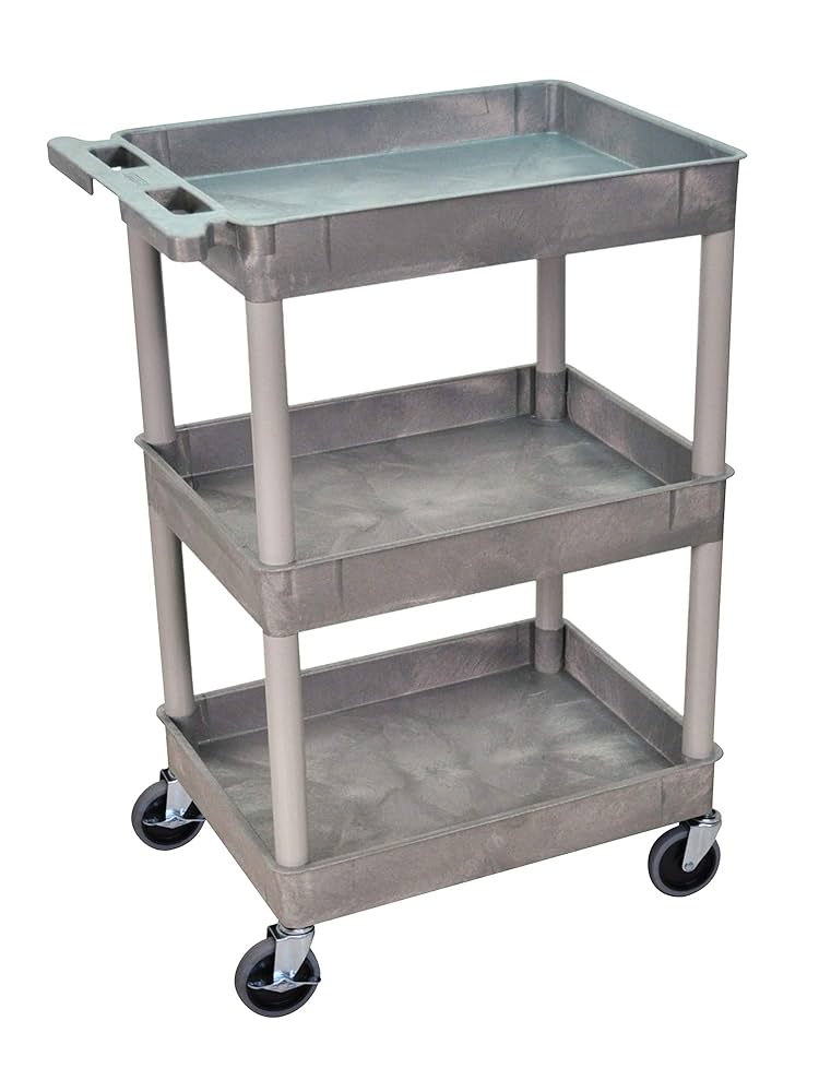 Tub Cart, Three Shelves (2.75" Deep each), Gray, 24"W x 18"D x 36.5"H, with (4) 4" Casters (2 with Locking Brakes), Maximum Weight Capacity 300lbs, Assembly Required (DROP SHIP ONLY)