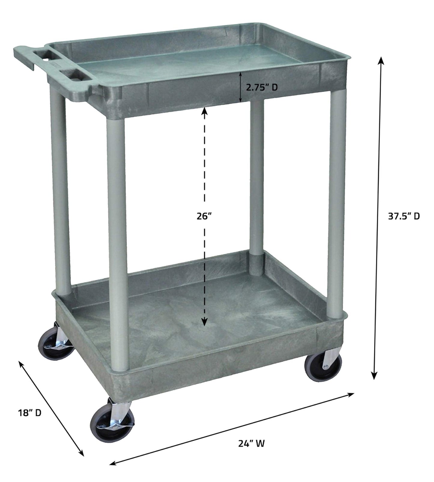 Tub Cart, Two Shelves (2.75" Deep each), Gray, 24"W x 18"D x 37.5"H, with (4) 4" Heavy Duty Casters, Maximum Weight Capacity 300lbs, Assembly Required (DROP SHIP ONLY)