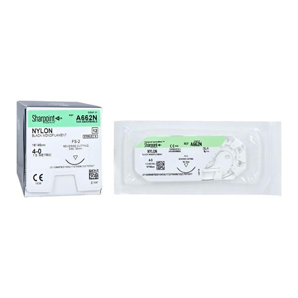 Nylon Suture, Monofilament, Reverse Cutting, Size 4-0, 18"/45cm, 19mm, 3/8 Circle, 12/bx