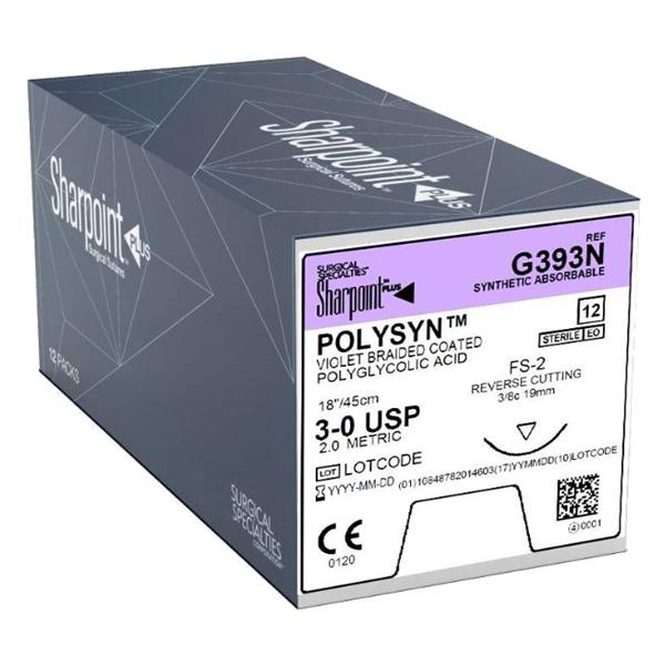 Polyglycolic Acid Suture, Violet Braided, Reverse Cutting, Size 3-0, 18"/45cm, 19mm, 3/8 Circle, 12/bx