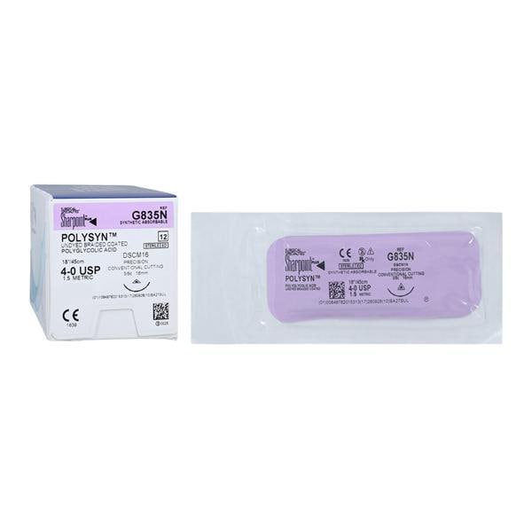 Polyglycolic Acid Suture, Braided, Conventional, Size 4-0, 18"/45cm, 16mm, 3/8 Circle, 12/bx