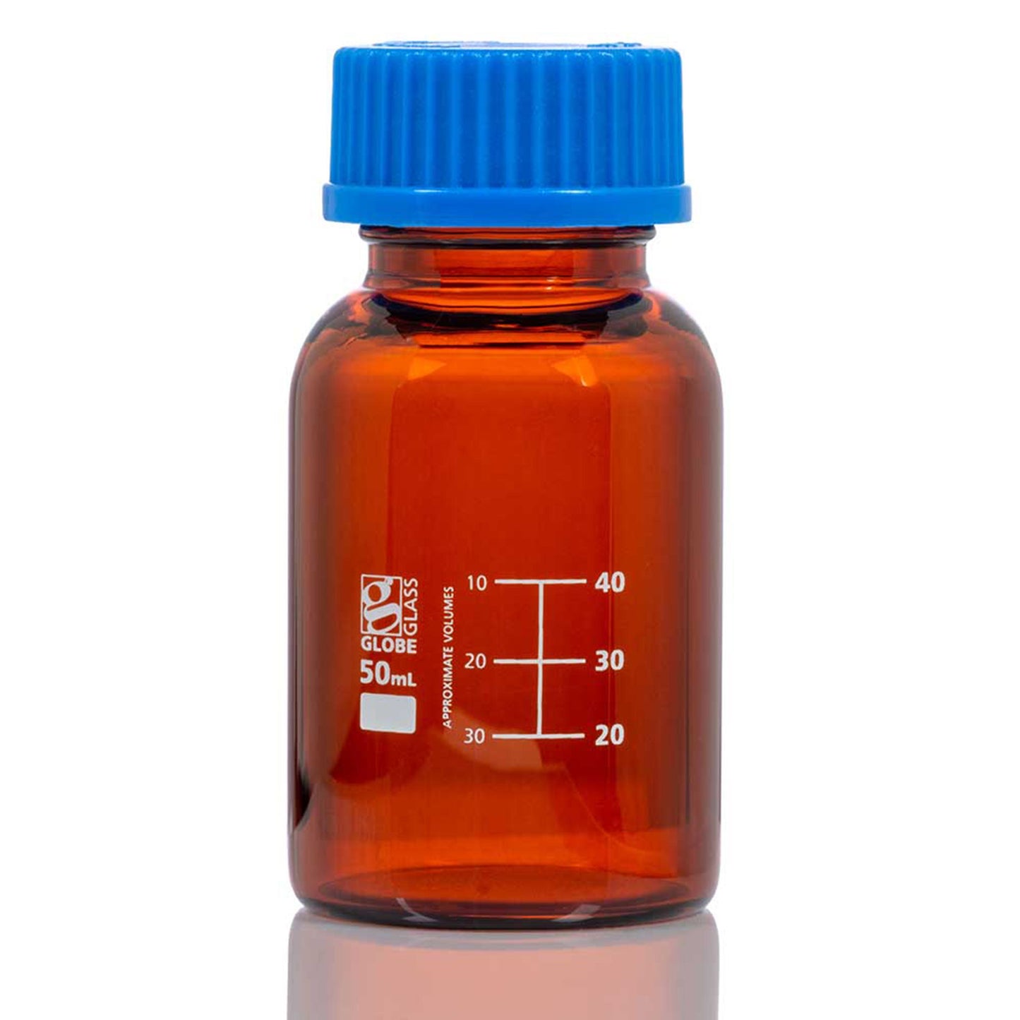 Bottle, Amber Media, Globe Glass, 50mL, GL32 Screw Cap, Dual Graduations, 10/bx