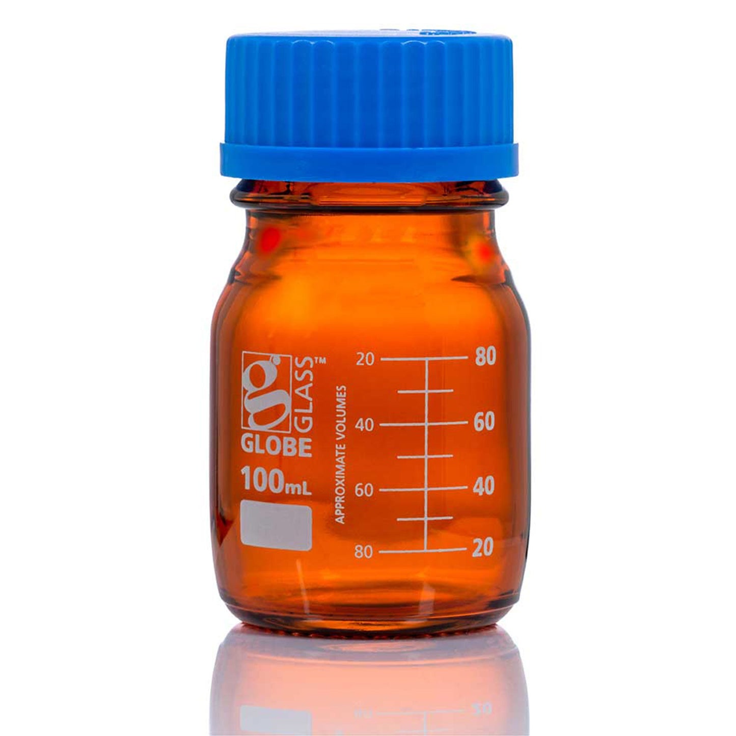 Bottle, Amber Media, Globe Glass, 100mL, GL45 Screw Cap, Dual Graduations, 10/bx