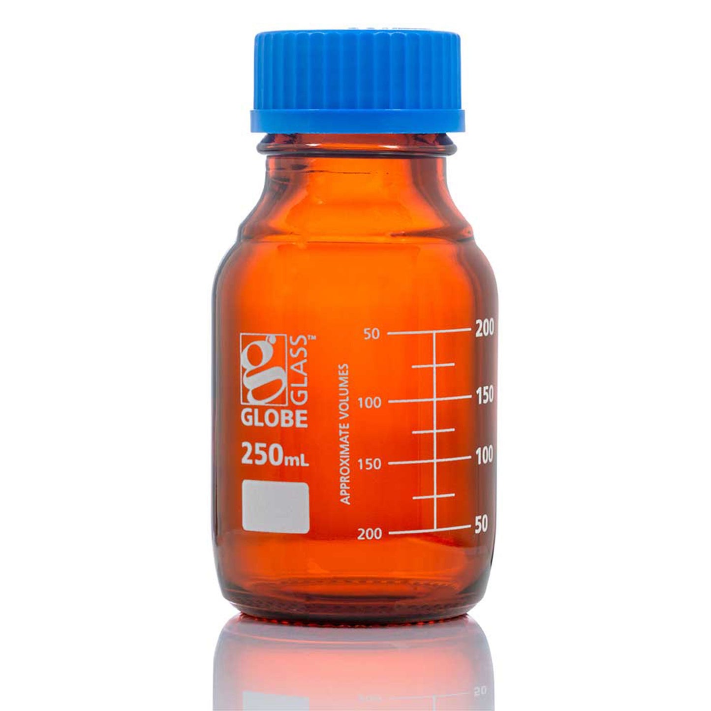 Bottle, Amber Media, Globe Glass, 250mL, GL45 Screw Cap, Dual Graduations, 10/bx