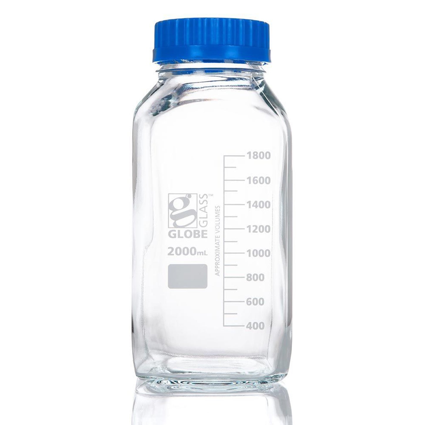 Bottle, Square Media, Wide Mouth, Globe Glass, 2000mL, GL80 Screw Cap, 10/bx
