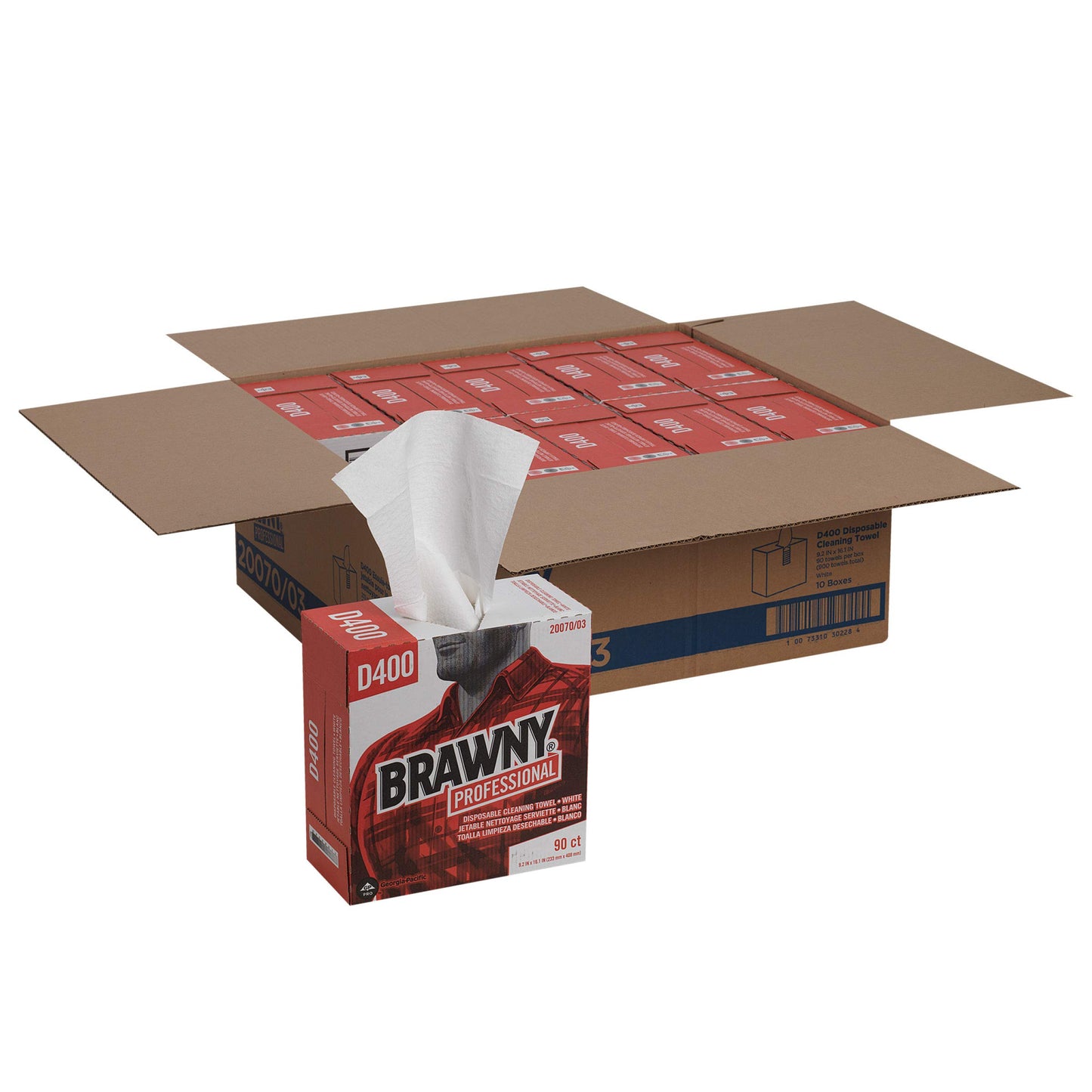 Disposable Cleaning Towels, Brawny Professional D400, Tall Box, 9.250W x 16.300L, White, 90/bx, 10bx/cs