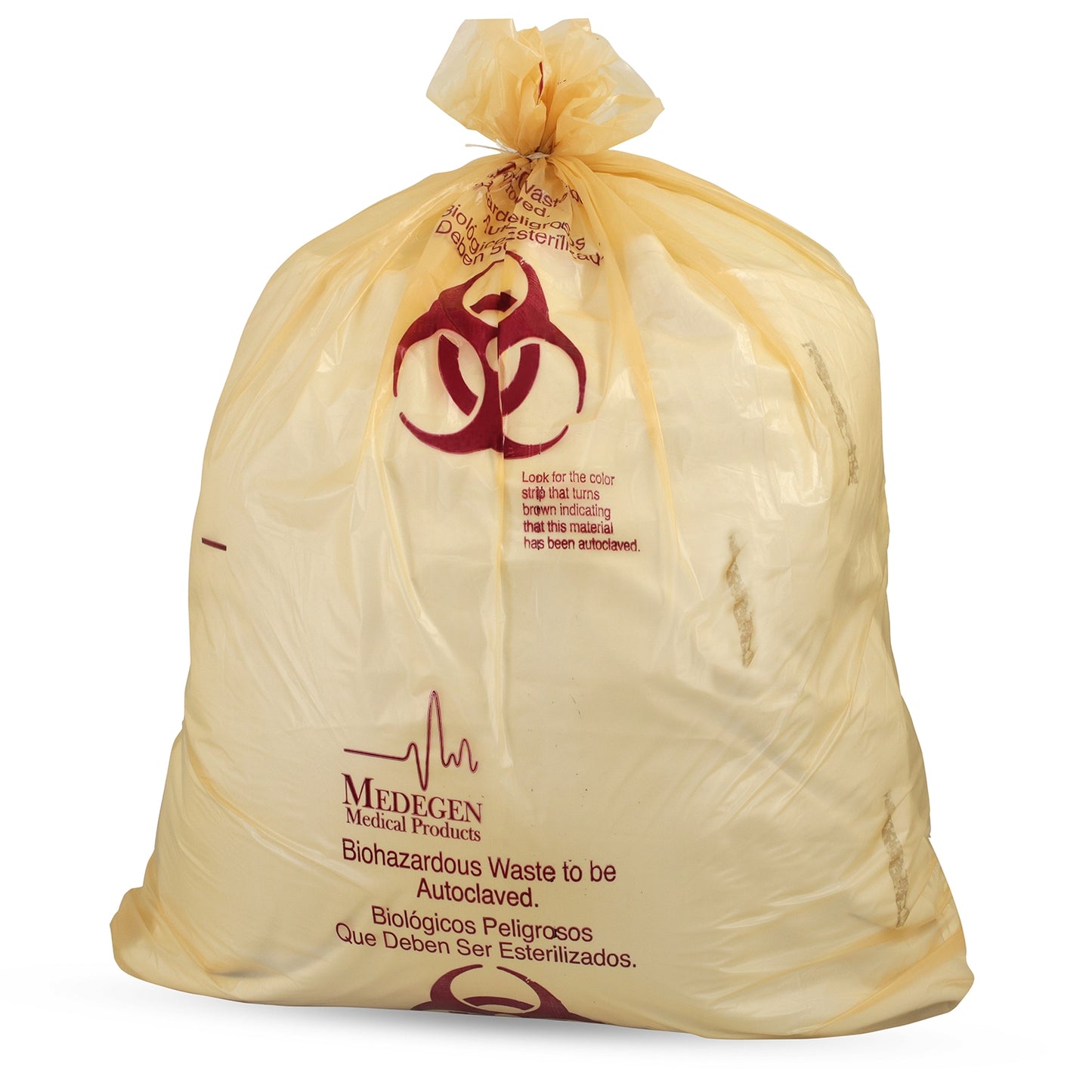 Biohazard Bag, 38" x 47", Print/ Label, Max Temp 285F, Biohazard Labeling, Biohazard Symbol, English/ Spanish, Buff/ Black, 1.8 Mil, 40 Gal, 100/cs
