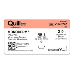Monoderm Suture, Diamond Point, Size 2-0, 20cm, 18mm, 3/8 Circle, 12/bx