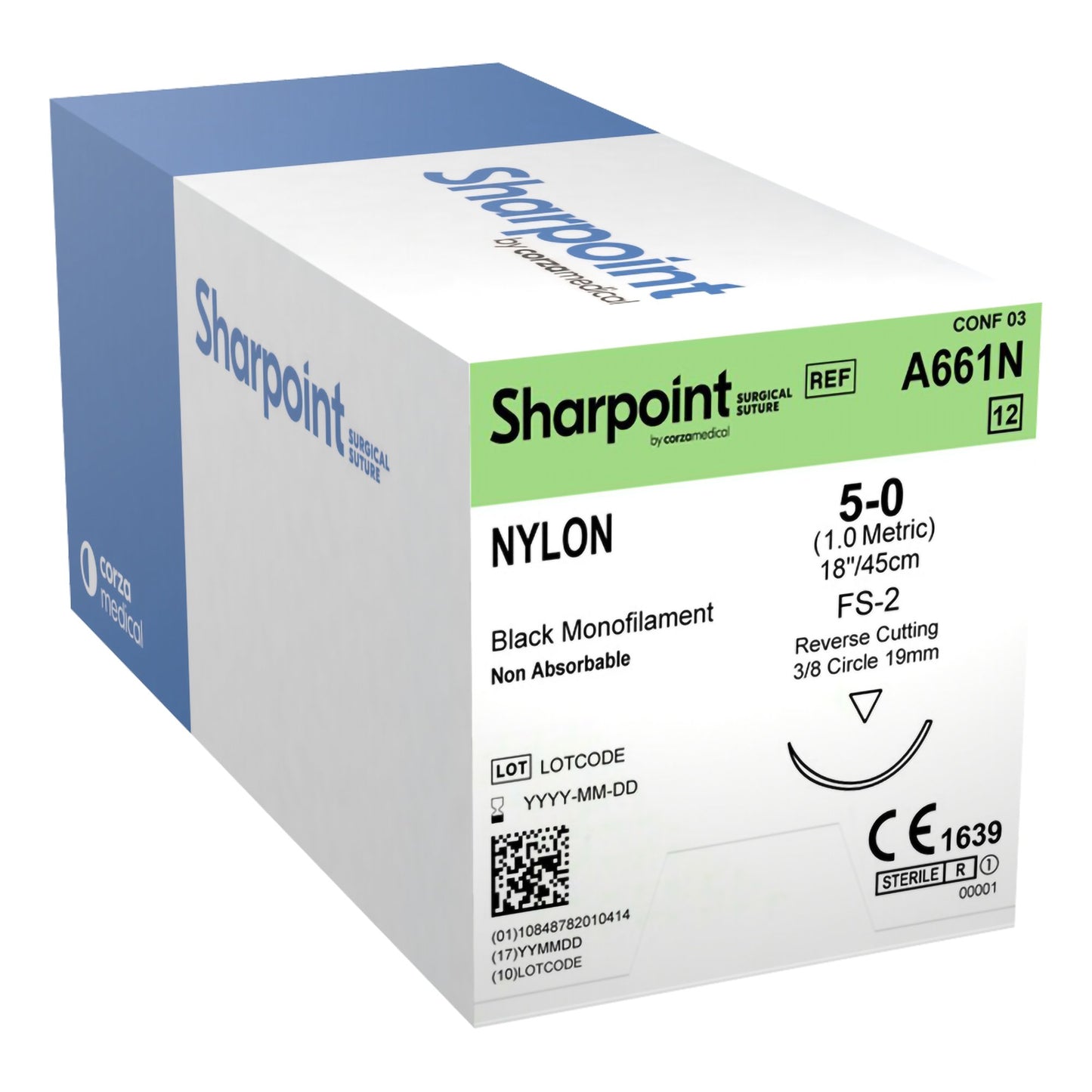 Nylon Suture, Monofilament, Reverse Cutting, Size 5-0, 18"/45cm, 19mm, 3/8 Circle, 12/bx