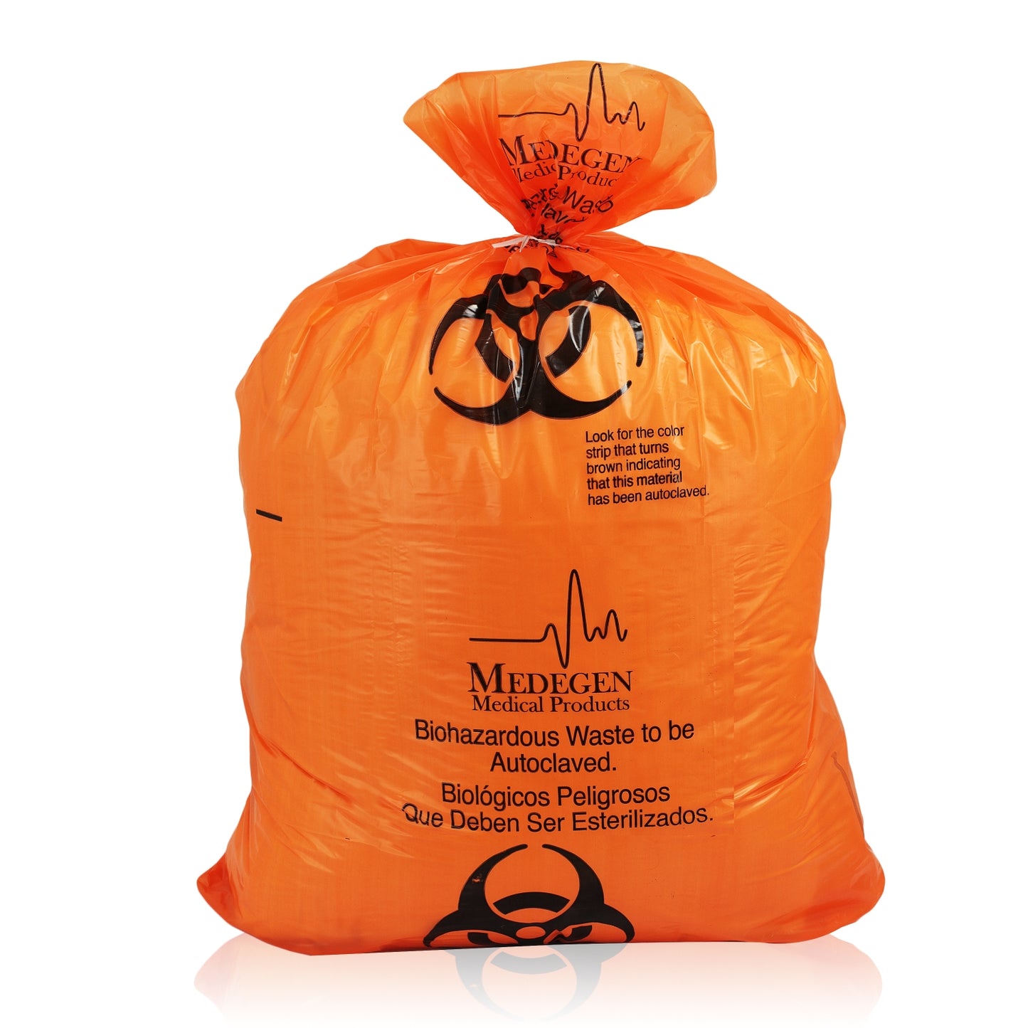 Biohazard Bag, 25" x 35", 1.8 mil, 13-16 Gal, Orange/ Black, Print/ Label, Max. Temp 285F, Biohazard Labeling, Biohazard Symbol, English/ Spanish, 200/cs