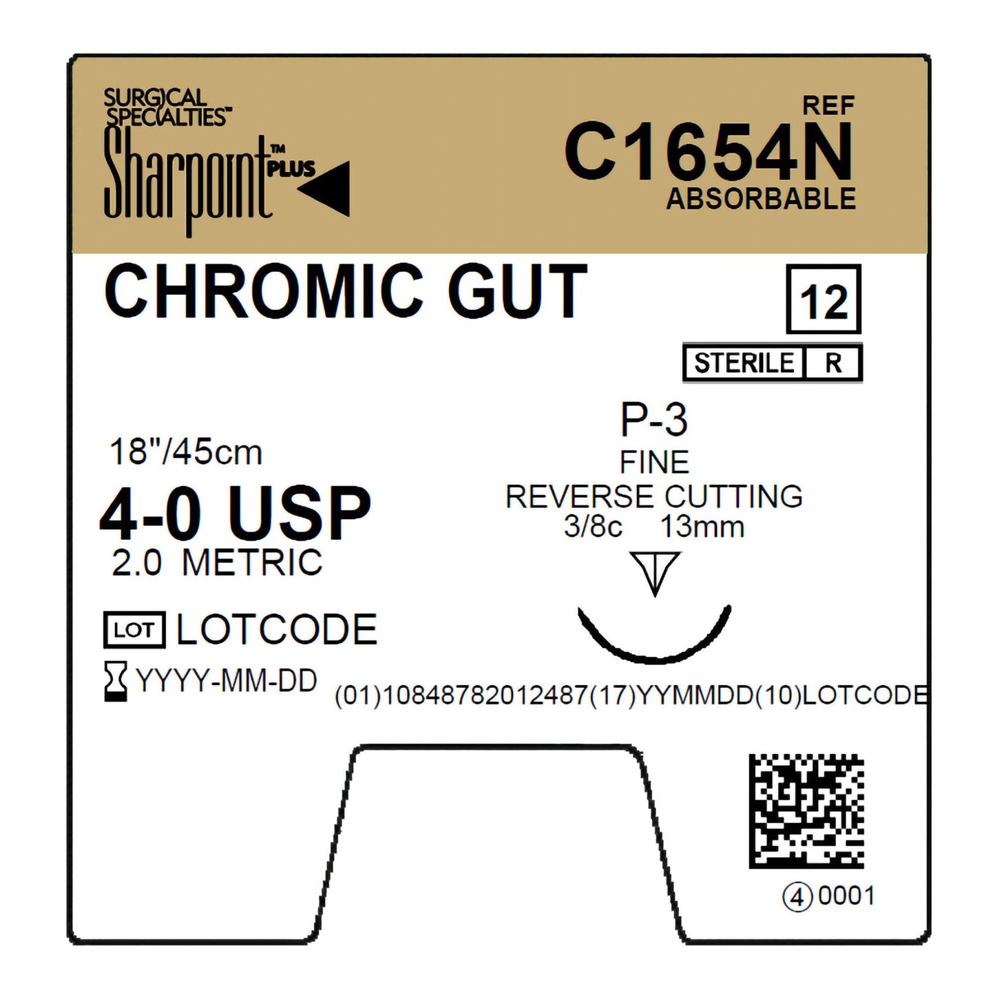 Chromic Gut Suture, Reverse Cutting, Size 4-0, 18"/45cm, 13mm, 3/8 Circle, 12/bx