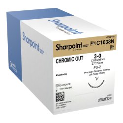 Chromic Gut Suture, Reverse Cutting, Size 3-0, 27"/70cm, 19mm, 3/8 Circle, 12/bx