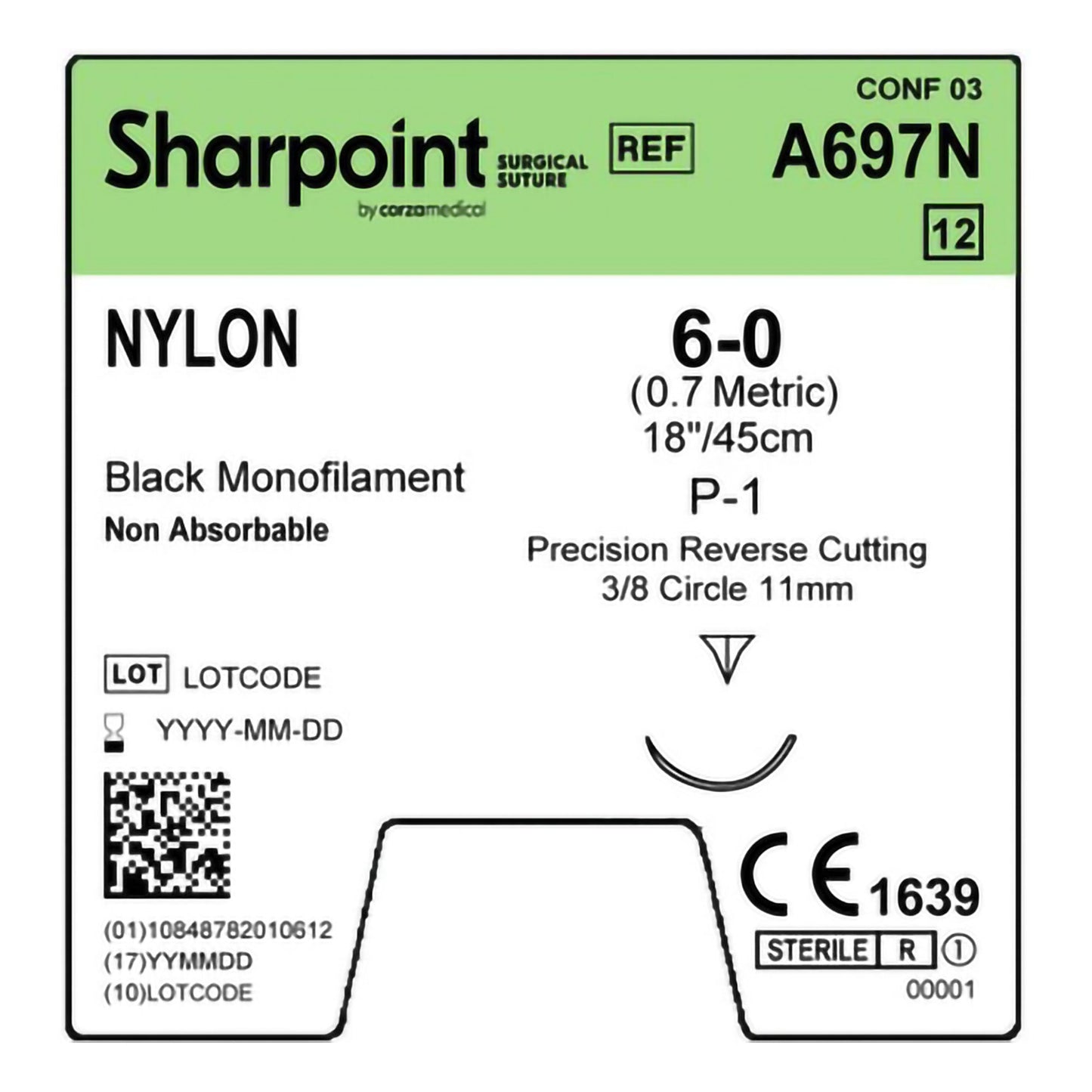 Nylon Suture, Monofilament, Reverse Cutting, Size 6-0, 18"/45cm, 11mm, 3/8 Circle, 12/bx