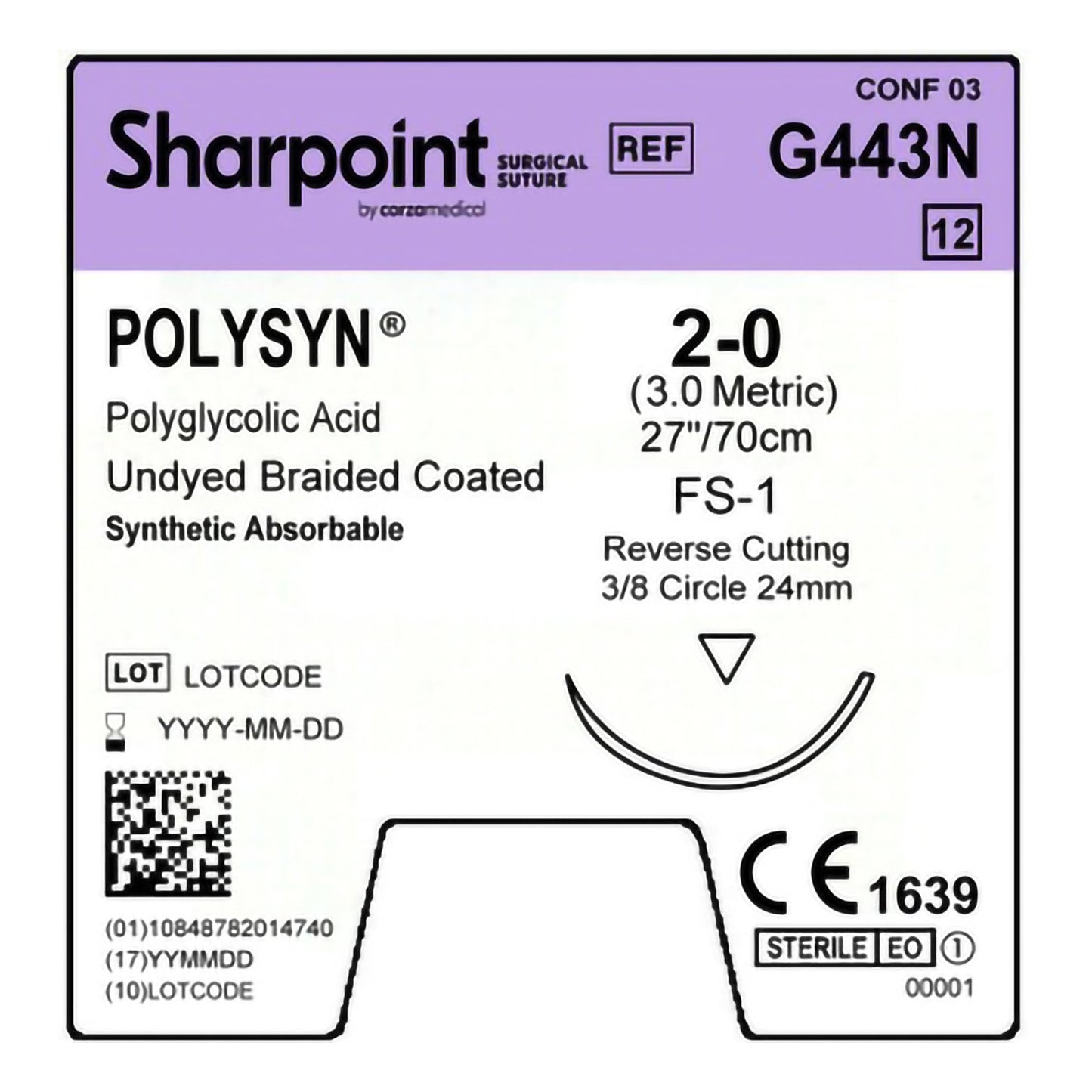 Polyglycolic Acid Suture, Braided, Reverse Cutting, Size 2-0, 27"/70cm, 24mm, 3/8 Circle, 12/bx