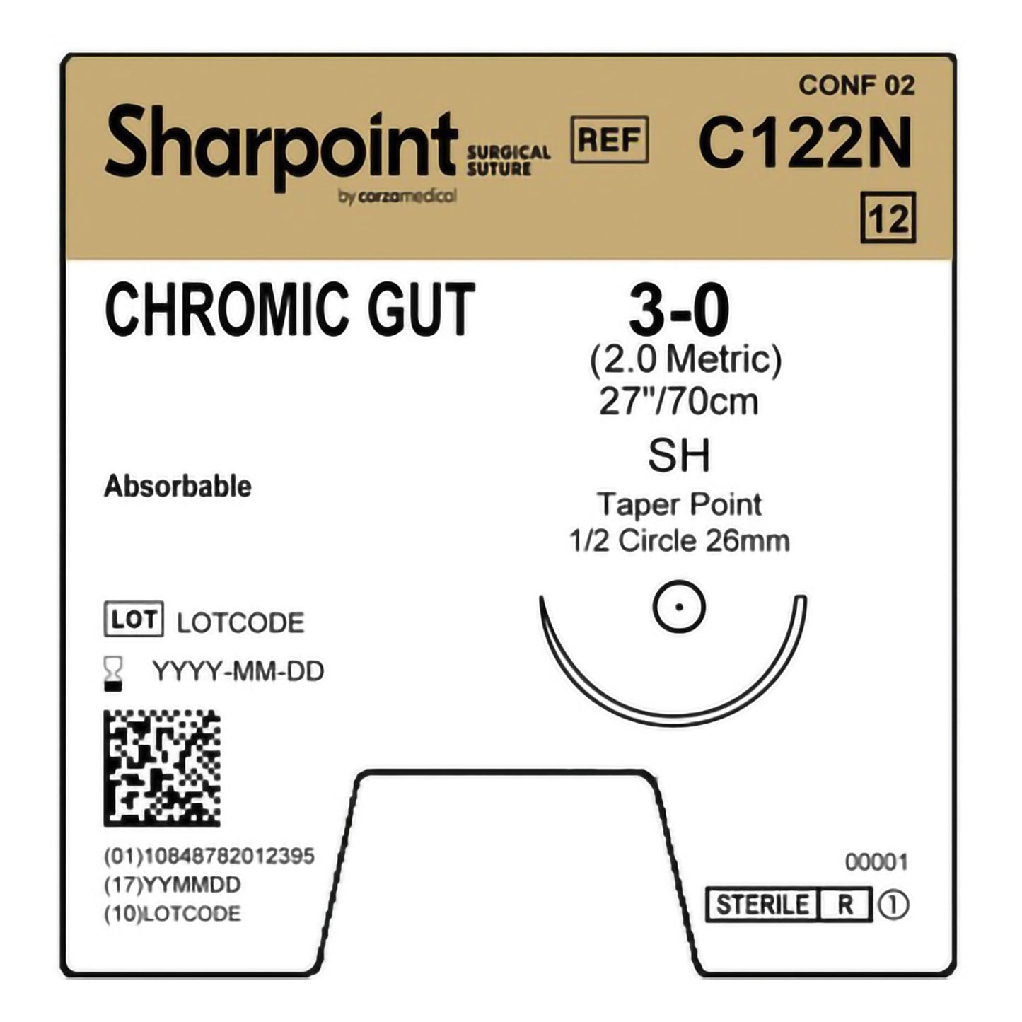 Chromic Gut Suture, Taper Point, Size 3-0, 30"/75cm, 26mm, 1/2 Circle, 12/bx