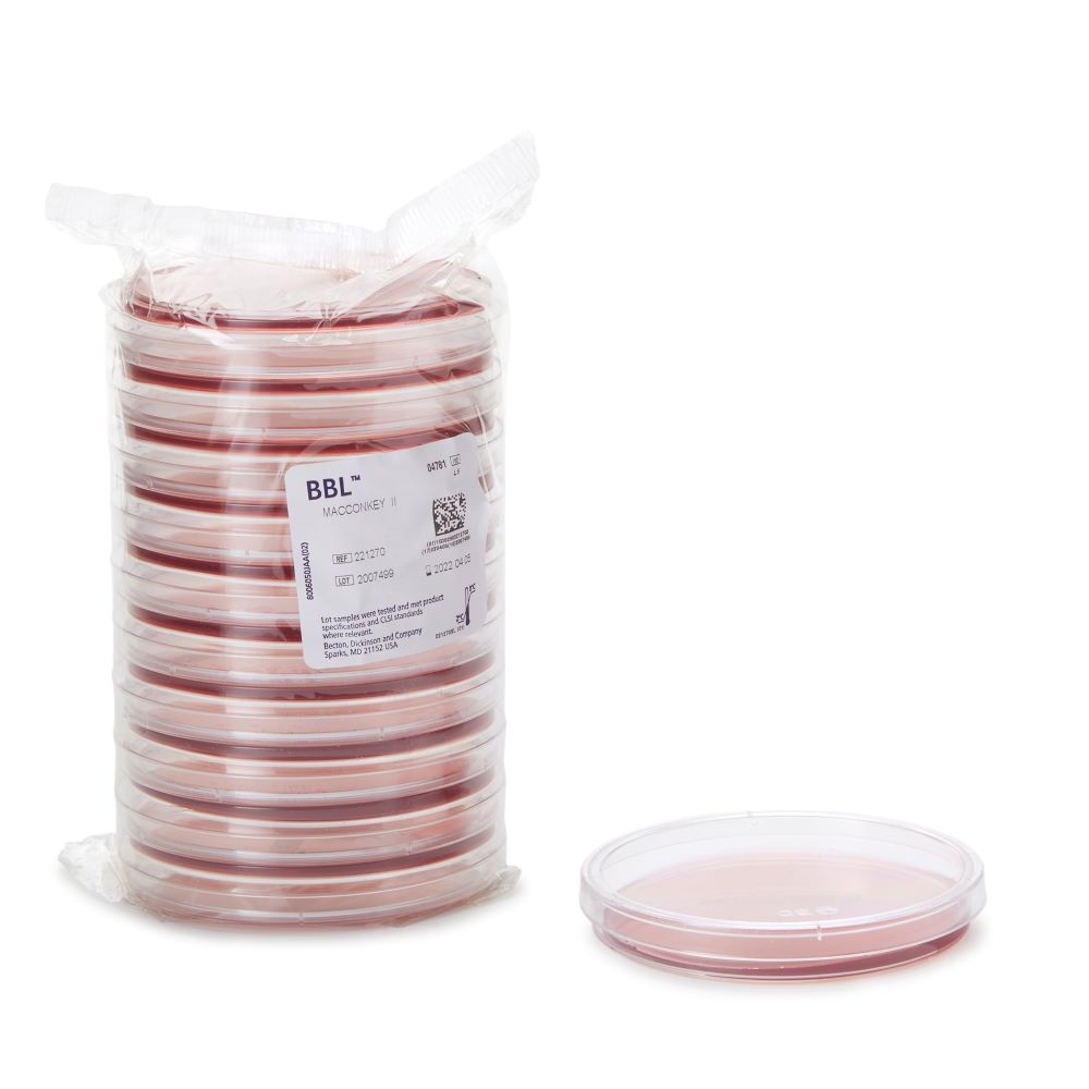 BBL Plate, MacConkey II Agar, 100/pk (Short Dated; Perishable product; Must be Refrigerated; Non-Returnable) (Ships on ice) (Continental US Only) (Drop Ship Requires Pre-Approval)