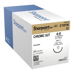 Chromic Gut Suture, Taper Point, Size 4-0, 14"/35cm, 22mm, 1/2 Circle, 12/bx