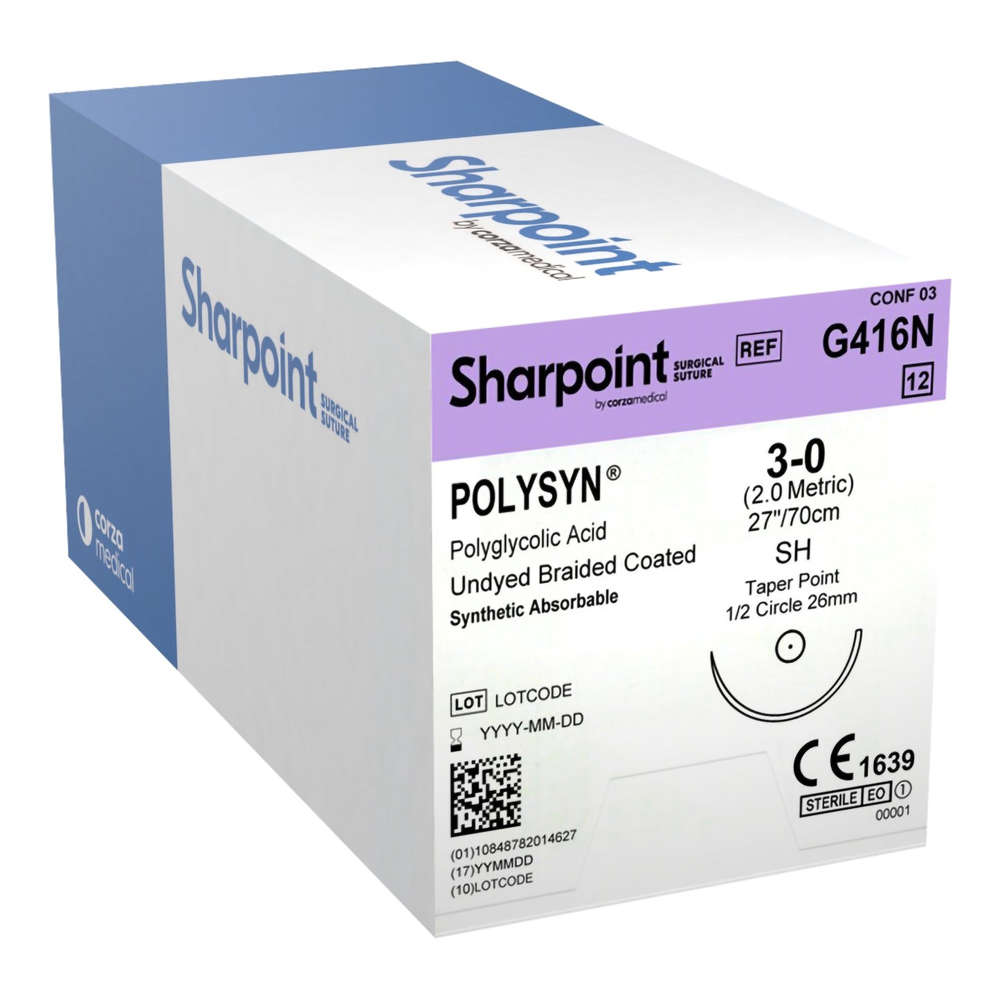 3/0 PolySyn Suture, Violet Braided, 27"/70cm, HR26, 26mm, 1/2 Circle, 12/bx