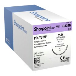Polyglycolic Acid Suture, Violet Braided, Taper Point, Size 2-0, 27"/70cm, 36.6mm, 1/2 Circle, 12/bx