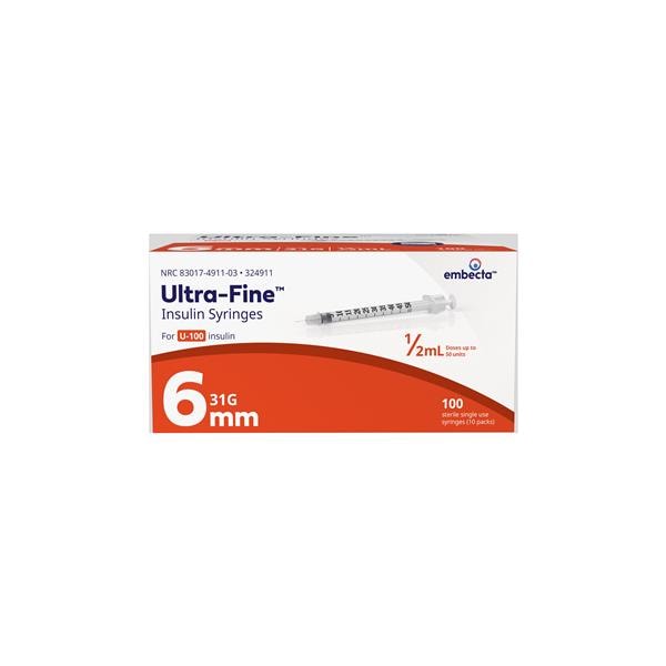 Insulin Syringe, 31G, 6mm, 1/2mL, 100/pk, 5 pk/cs (Continental US Only) (Drop Ship Requires Pre-Approval)