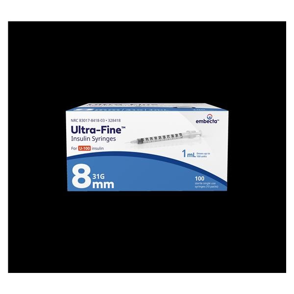 Insulin Syringe, 1mL, Permanently Attached Needle, 31G x 5/16", Self-Contained, U-100 Ultra-Fine Short, 100/bx, 5 bx/cs (Continental US Only) (Drop Ship Requires Pre-Approval) (Item on Allocation-Inventory Limited when Available)