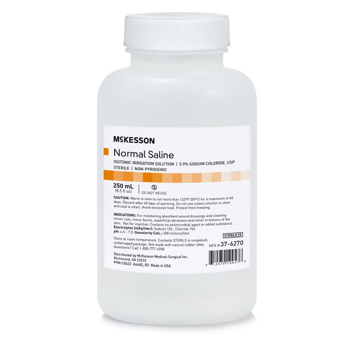 Irrigation Solution - OTC McKesson 0.9% Sodium Chloride Not for Injection Bottle, Screw Top 250 mL 24/cs (37-6270)