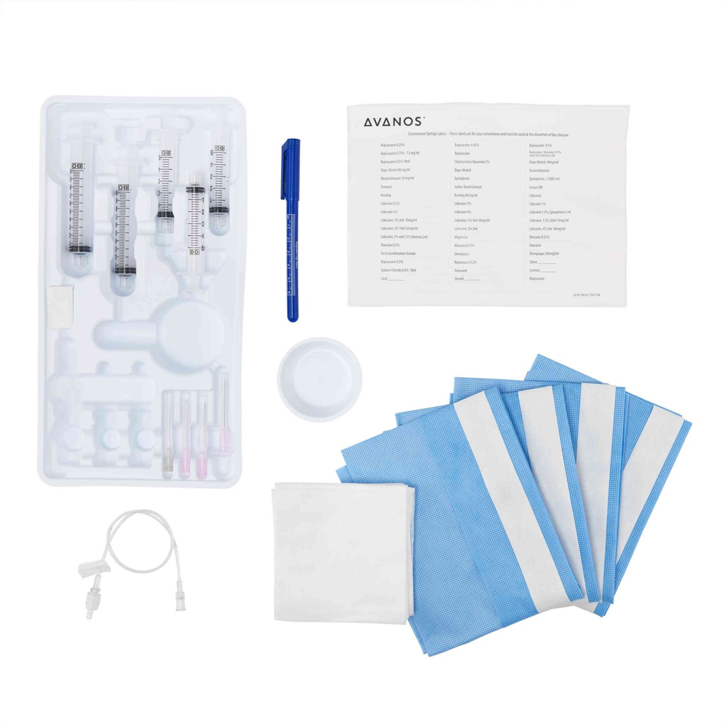 Universal Block Tray Contents: Contains No Drugs - 18g Hypo, 27g Hypo, 5cc Syringe, 10cc Syringe, 3x3 Gauze Pads, 24"x32" Rectangle Fenestration Clear Drape, 6" Extension Set, 20/cs