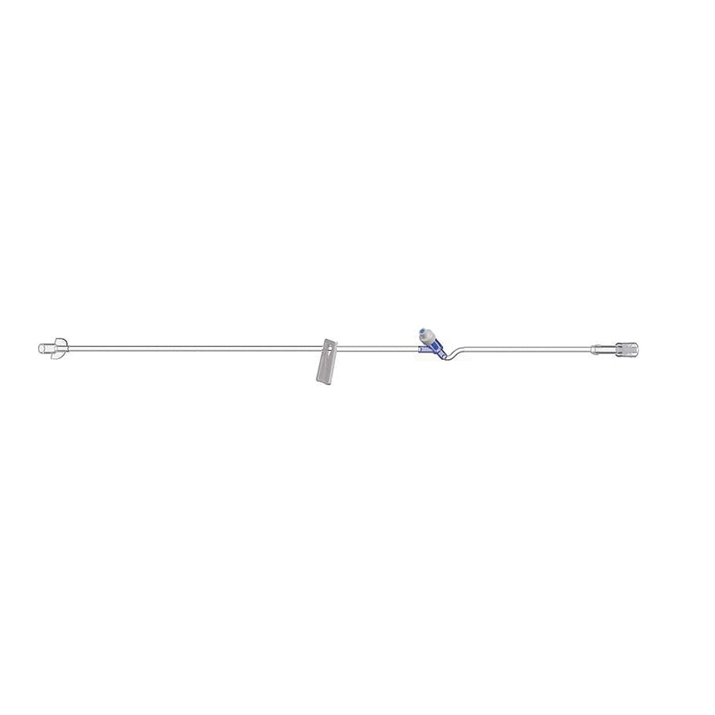 IV Extension Set, 7", One Slide Clamp, PosiSite Needleless Injection Y Site, DEHP-Free, Latex Free (LF), Female Luer & Cap, Slide Clamp, PosiSite Needleless Injection Y Site, Rotating Male Luer Lock & Cap, Poly Pouch, Approximate Priming Volume 0.12mL, 50/cs