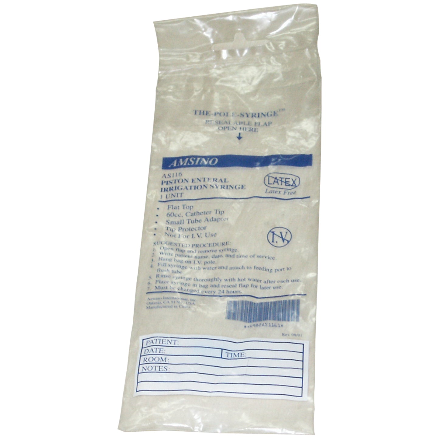 60cc Syringe, Catheter Tip, Flat Top with Small Tip Adapter, Packed in Resealable IV Pole Bag, 30/cs (125 cs/plt)