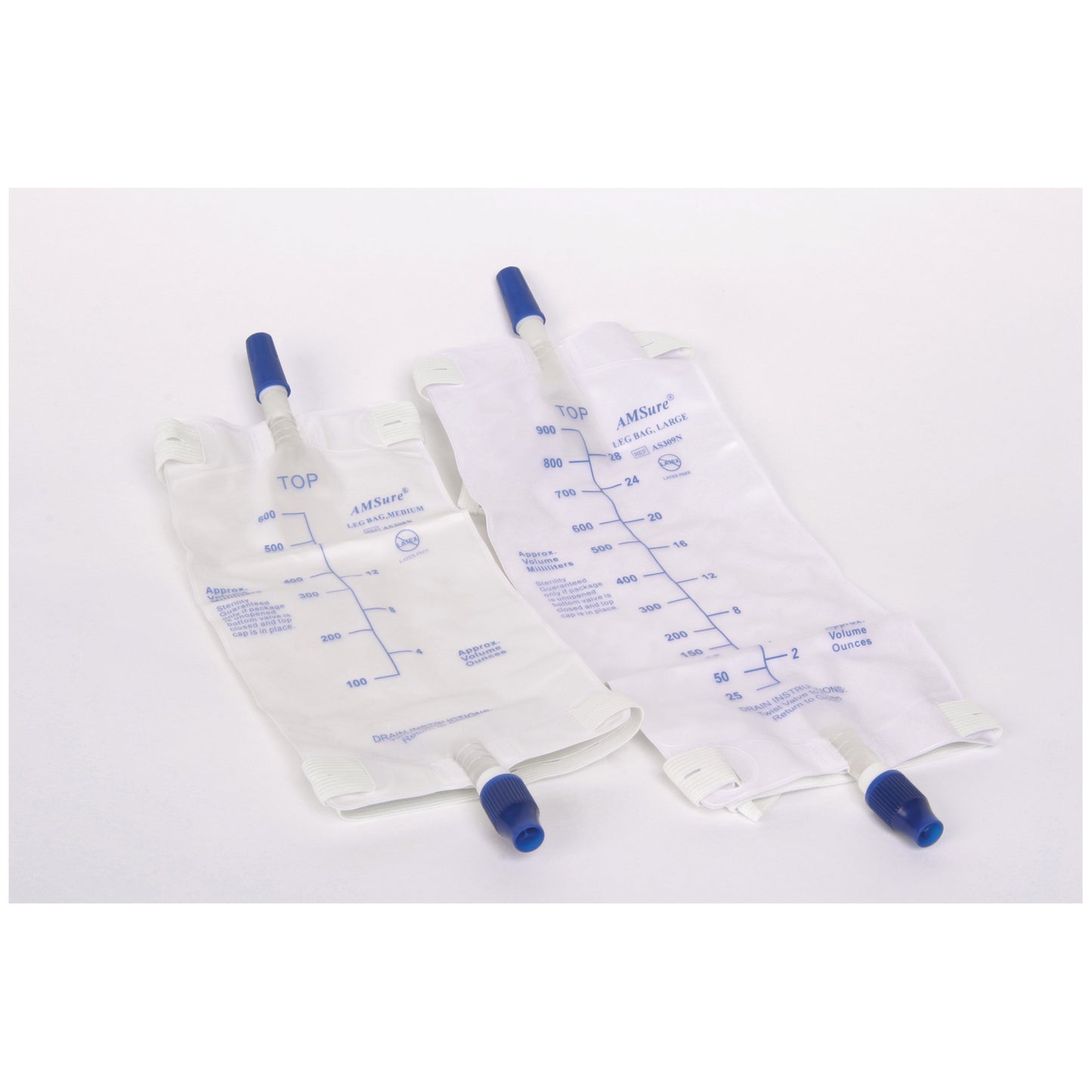 Leg Bag, 900mL Large, Bottom Draining, Anti-Reflux Valve with Twist Turn valve, with 2 Pre-Assembled Latex Free (LF) Straps, Sterile Fluid Pathway, 48/cs (96 cs/plt)