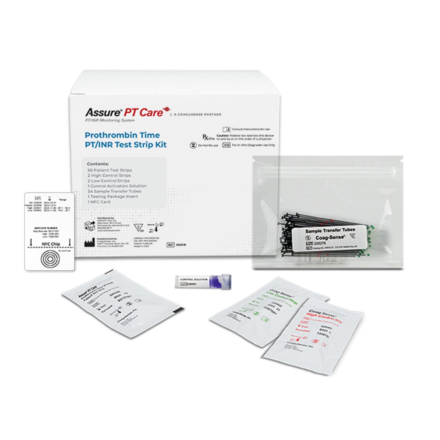 Assure PT Care Test Strip Kit Contents: Patient Test Strips; High Control Test Strips; Low Control Test Strips; Vial Control Activation Solution; #10424 AC Sample Transfer Tubes with Plunger & Package Insert