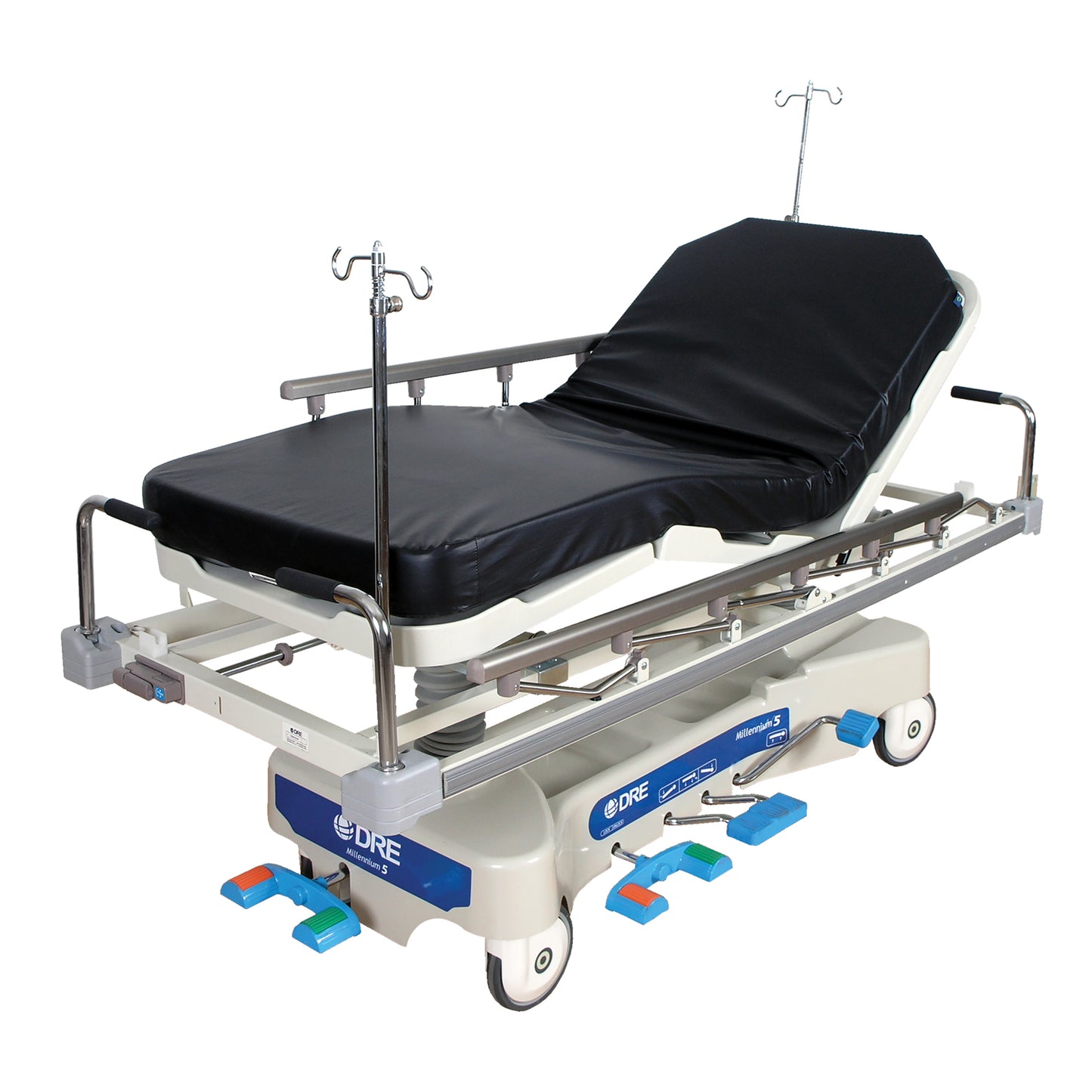 Millennium 5 Hospital Stretcher, Includes: 4" x 28.5" x 71.5" Pad, 8" Casters, 27" Wide Patient Surface, IV Receptacles, Fold-Down Side Rails, Side Rails 14.5" x 39", Brake/Steer Pedals, Dual Pedestal Hydraulics, Dual Side-Mounted Foot Control Hydraulics. NEW with 1 year warranty